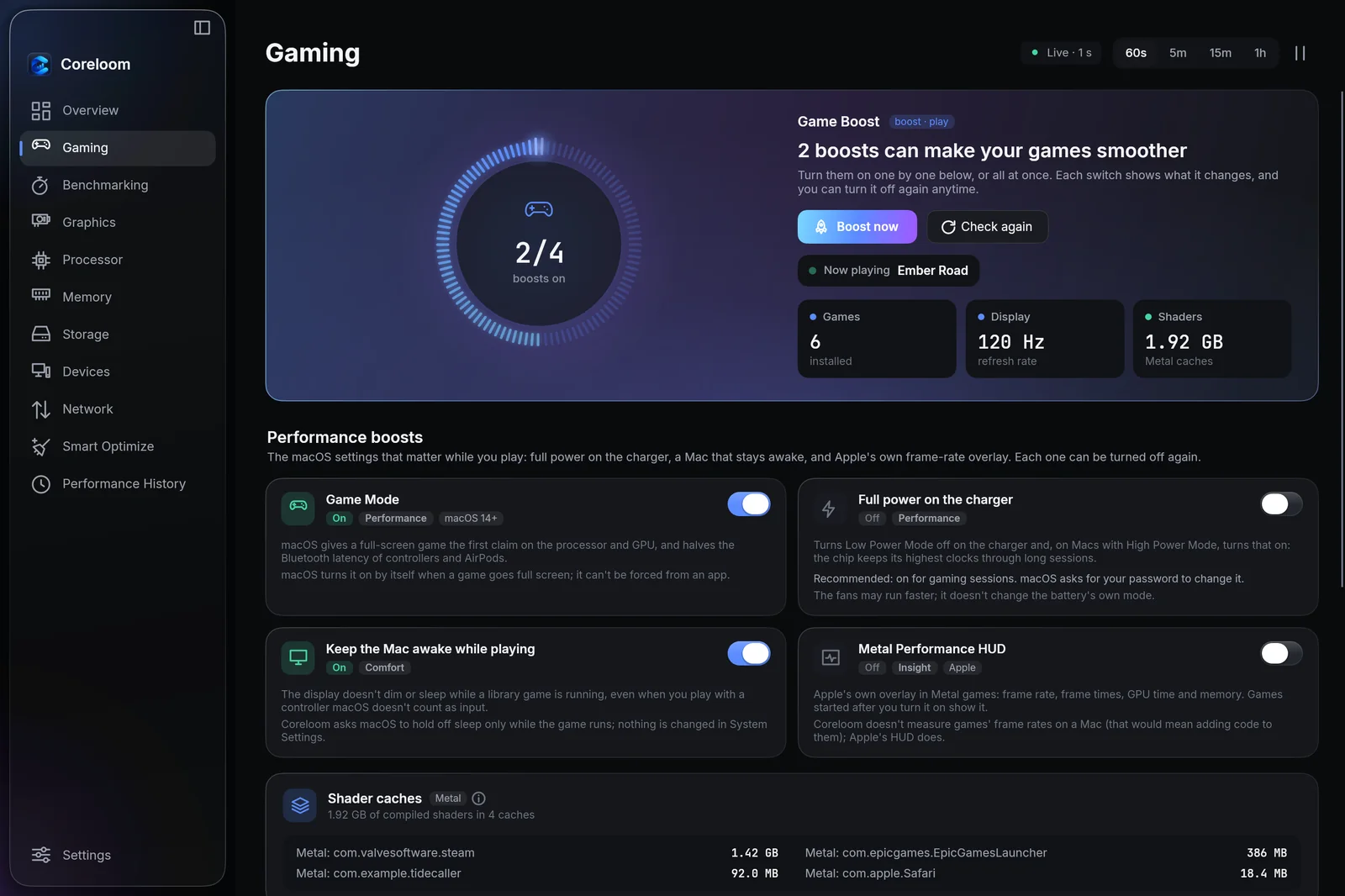 The Gaming page on a Mac: Game Boost with four macOS switches, Metal shader caches and the game library.